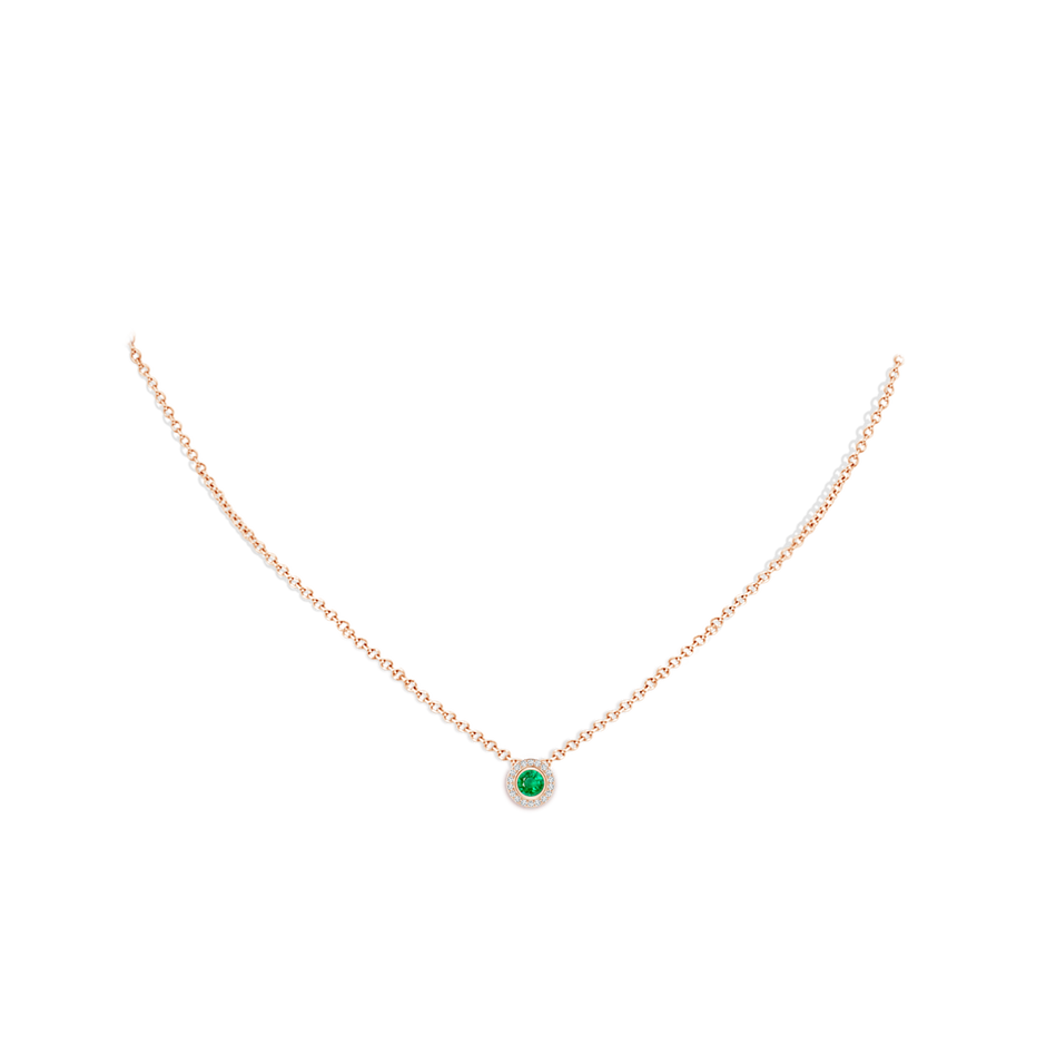 4mm AAA Round Bezel-Set Emerald Pendant with Diamond Halo in Rose Gold pen