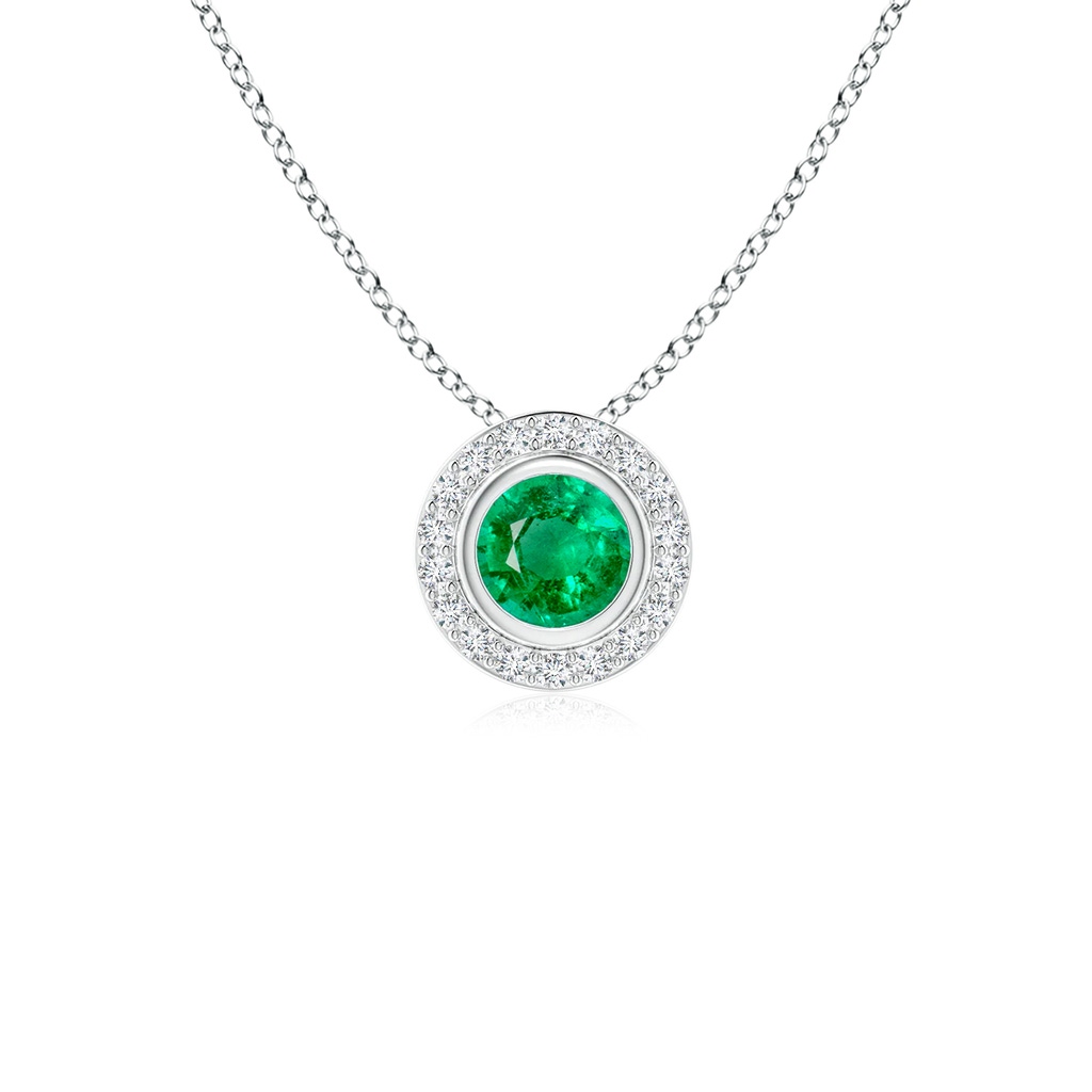 4mm AAA Round Bezel-Set Emerald Pendant with Diamond Halo in White Gold 