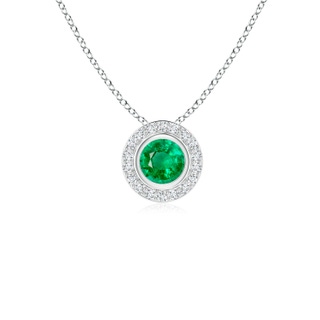 4mm AAA Round Bezel-Set Emerald Pendant with Diamond Halo in White Gold