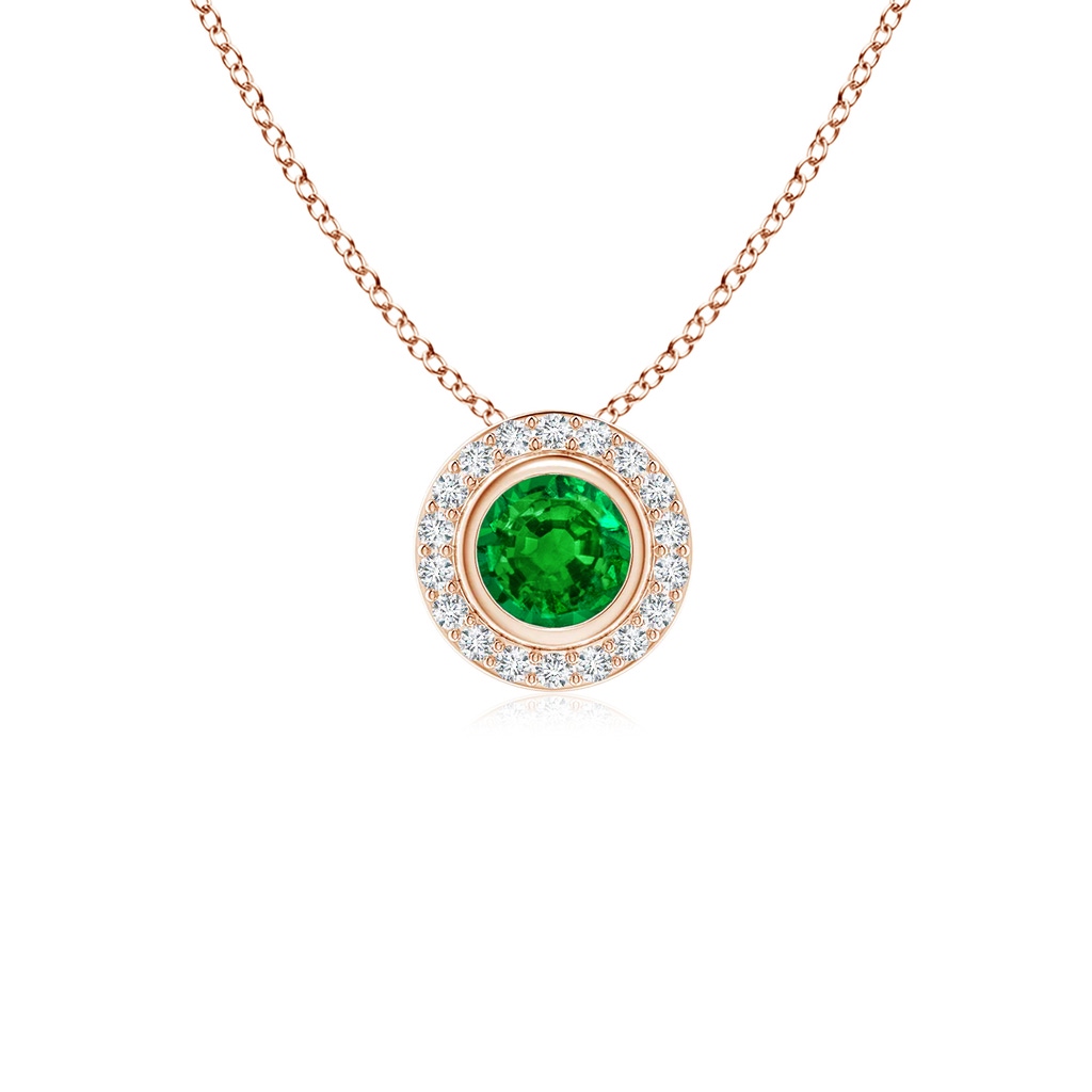4mm AAAA Round Bezel-Set Emerald Pendant with Diamond Halo in 18K Rose Gold