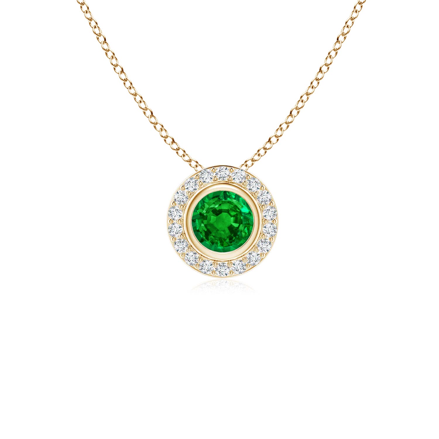 4mm AAAA Round Bezel-Set Emerald Pendant with Diamond Halo in 18CT Yellow Gold