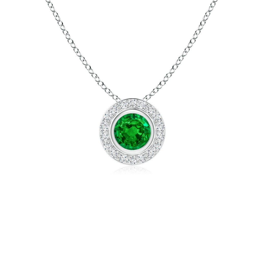 4mm AAAA Round Bezel-Set Emerald Pendant with Diamond Halo in P950 Platinum