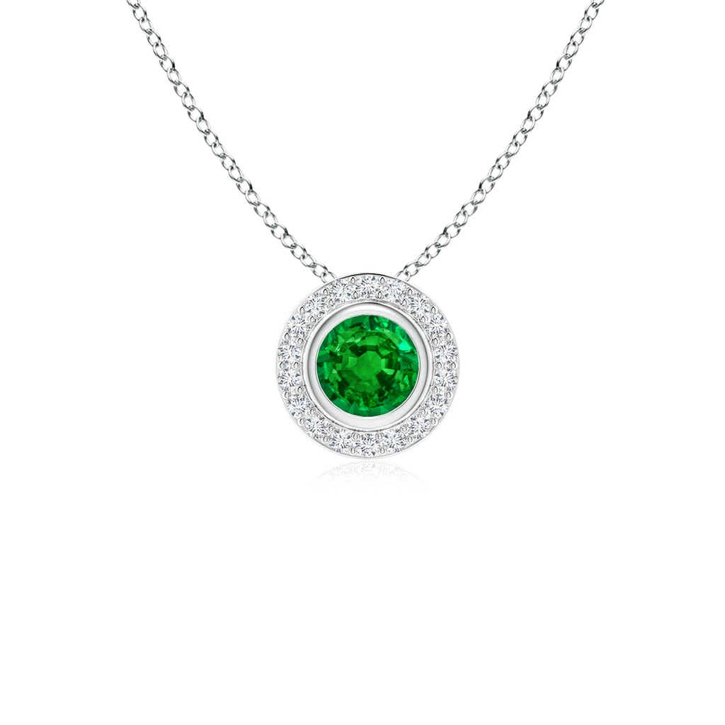 4mm AAAA Round Bezel-Set Emerald Pendant with Diamond Halo in P950 Platinum