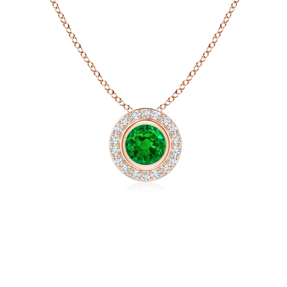 4mm AAAA Round Bezel-Set Emerald Pendant with Diamond Halo in Rose Gold 