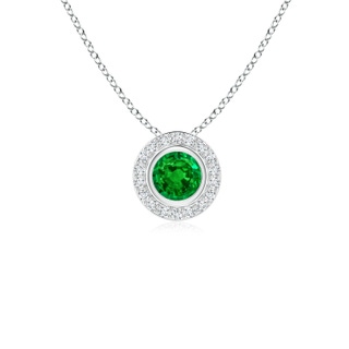 4mm AAAA Round Bezel-Set Emerald Pendant with Diamond Halo in White Gold