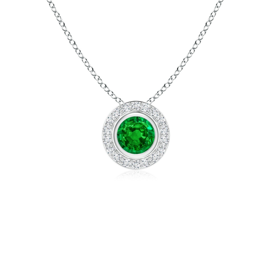 4mm AAAA Round Bezel-Set Emerald Pendant with Diamond Halo in White Gold 