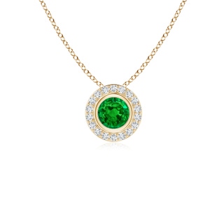 4mm AAAA Round Bezel-Set Emerald Pendant with Diamond Halo in Yellow Gold