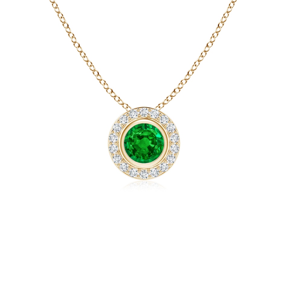 4mm AAAA Round Bezel-Set Emerald Pendant with Diamond Halo in Yellow Gold 