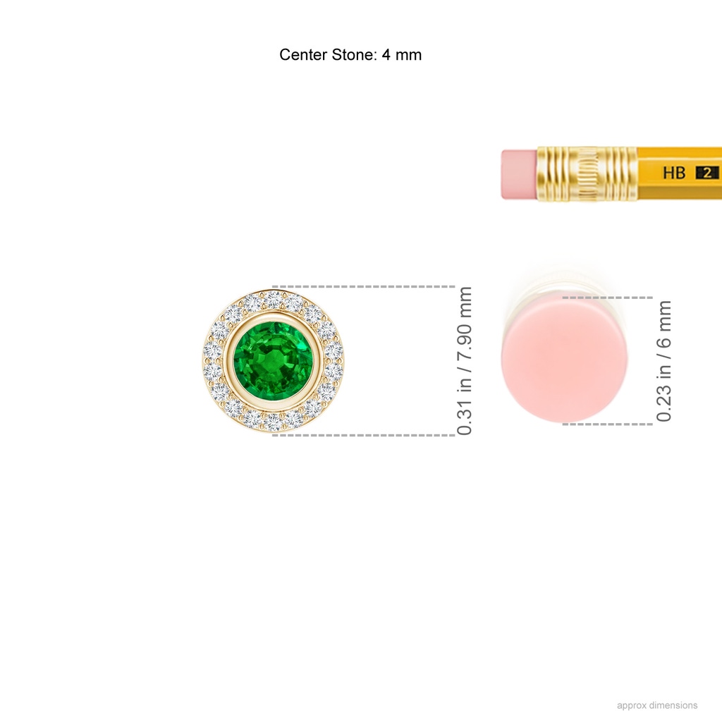 4mm AAAA Round Bezel-Set Emerald Pendant with Diamond Halo in Yellow Gold ruler