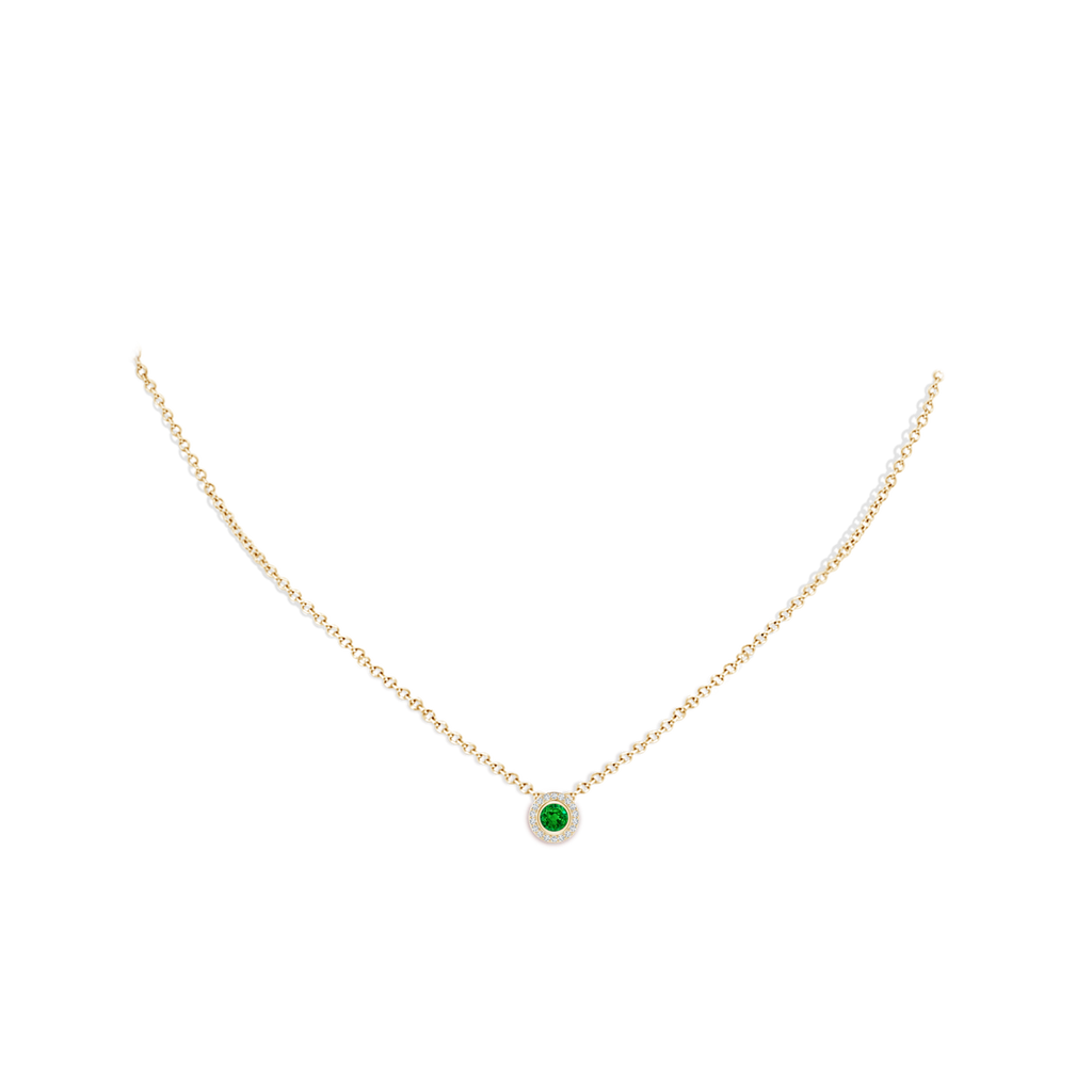 4mm AAAA Round Bezel-Set Emerald Pendant with Diamond Halo in Yellow Gold pen