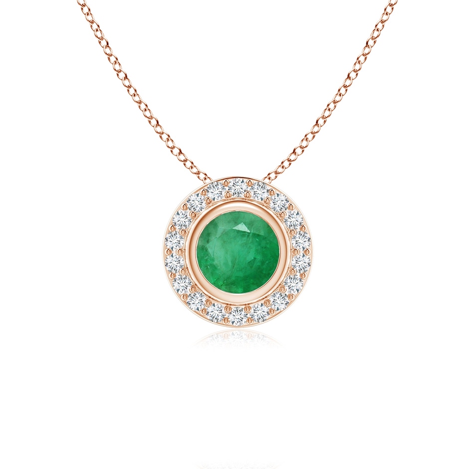 5mm A Round Bezel-Set Emerald Pendant with Diamond Halo in Rose Gold 