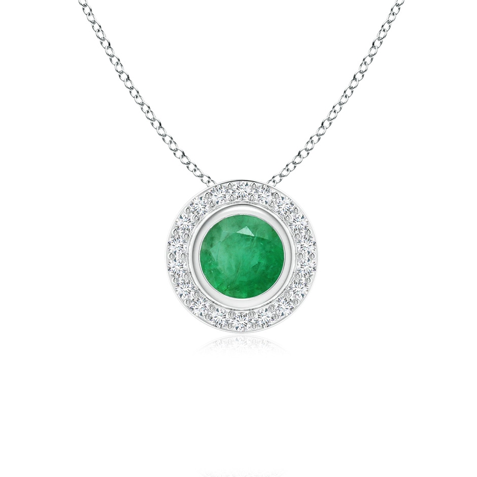 5mm A Round Bezel-Set Emerald Pendant with Diamond Halo in White Gold 