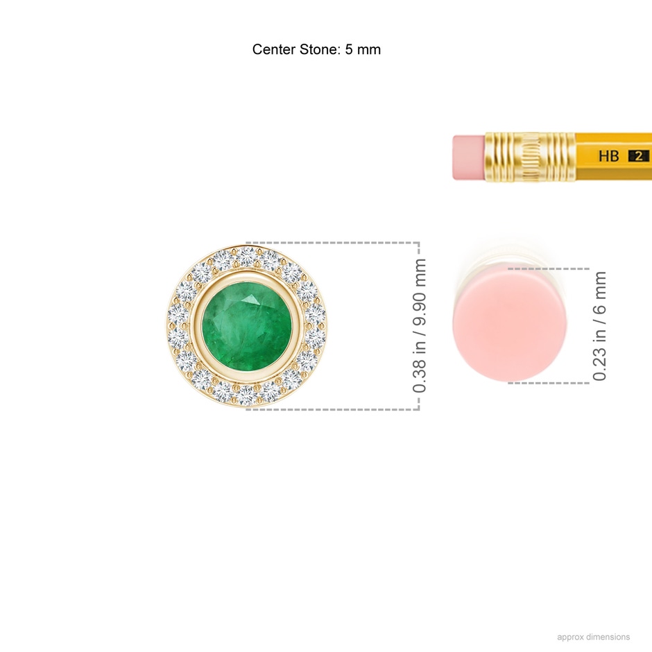 5mm A Round Bezel-Set Emerald Pendant with Diamond Halo in Yellow Gold ruler