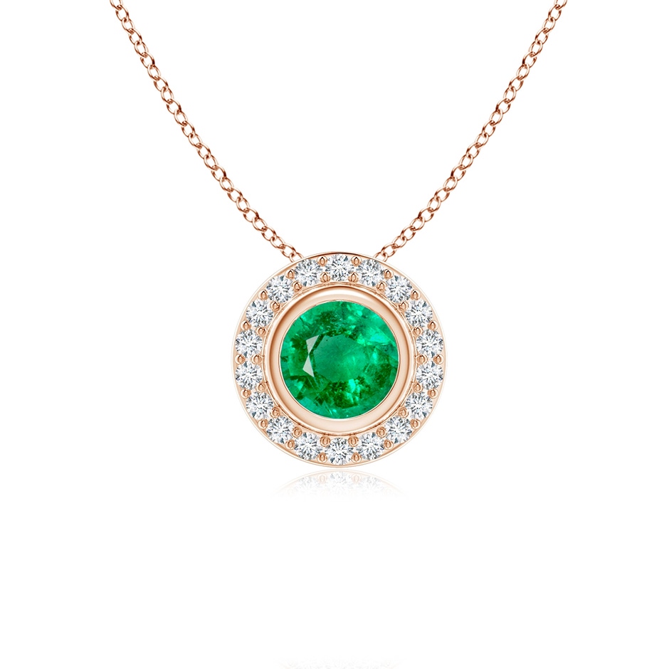 5mm AAA Round Bezel-Set Emerald Pendant with Diamond Halo in Rose Gold 