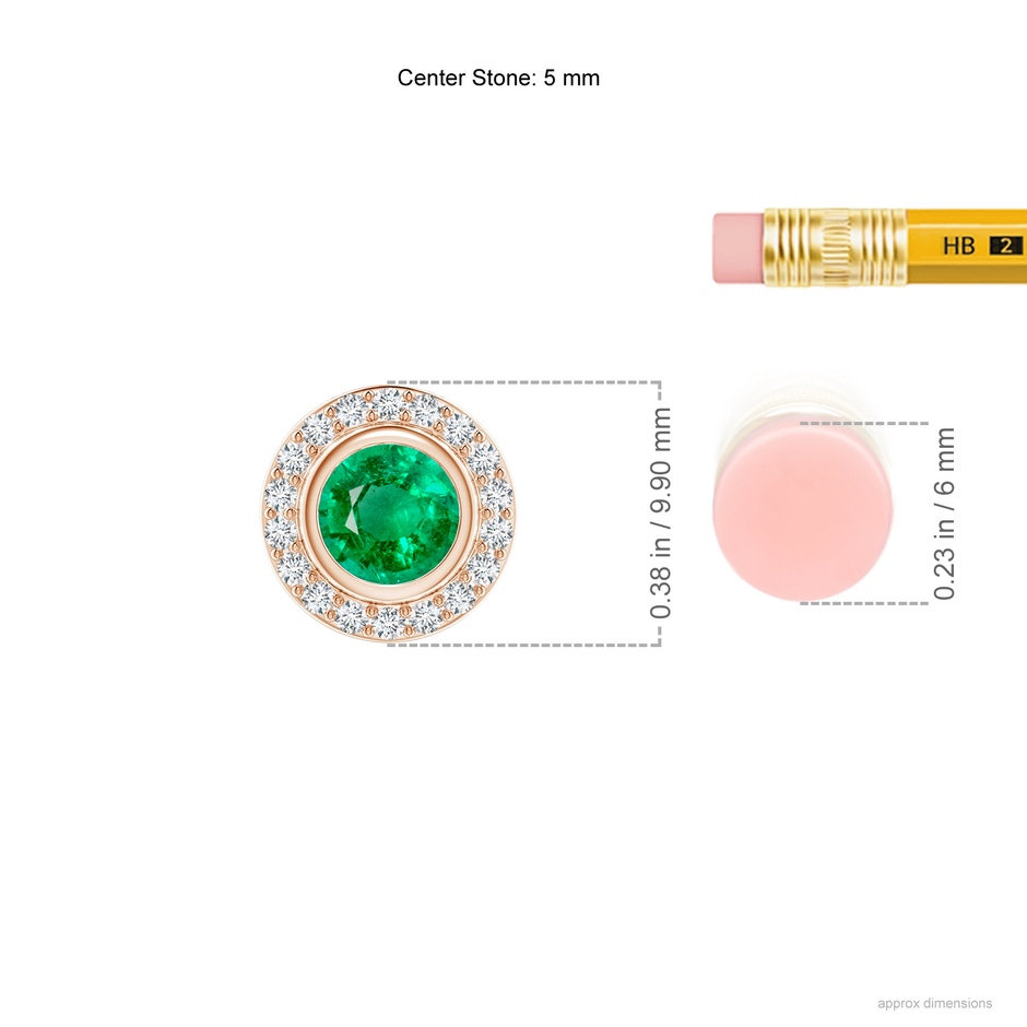 5mm AAA Round Bezel-Set Emerald Pendant with Diamond Halo in Rose Gold ruler