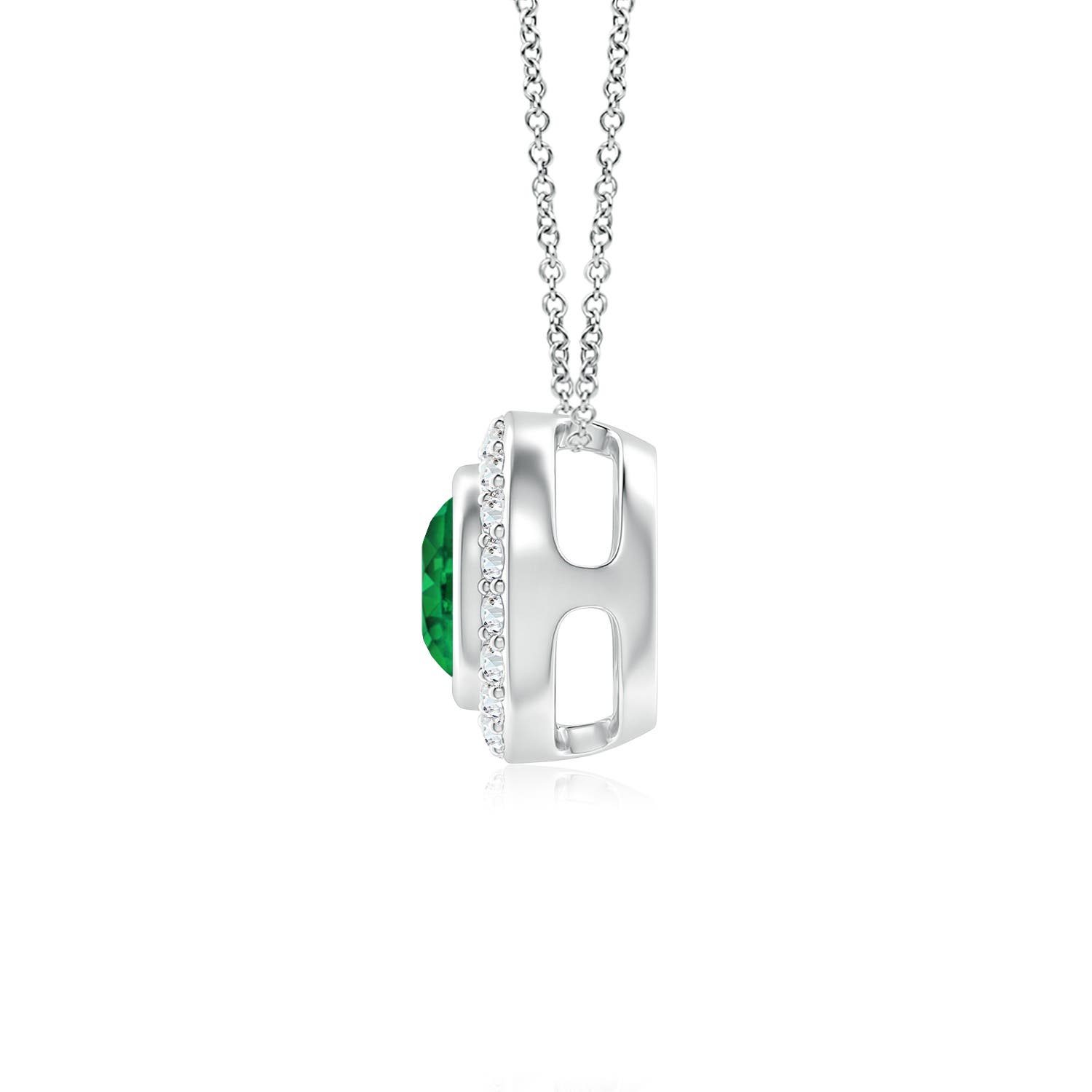 5mm AAA Round Bezel-Set Emerald Pendant with Diamond Halo in White Gold