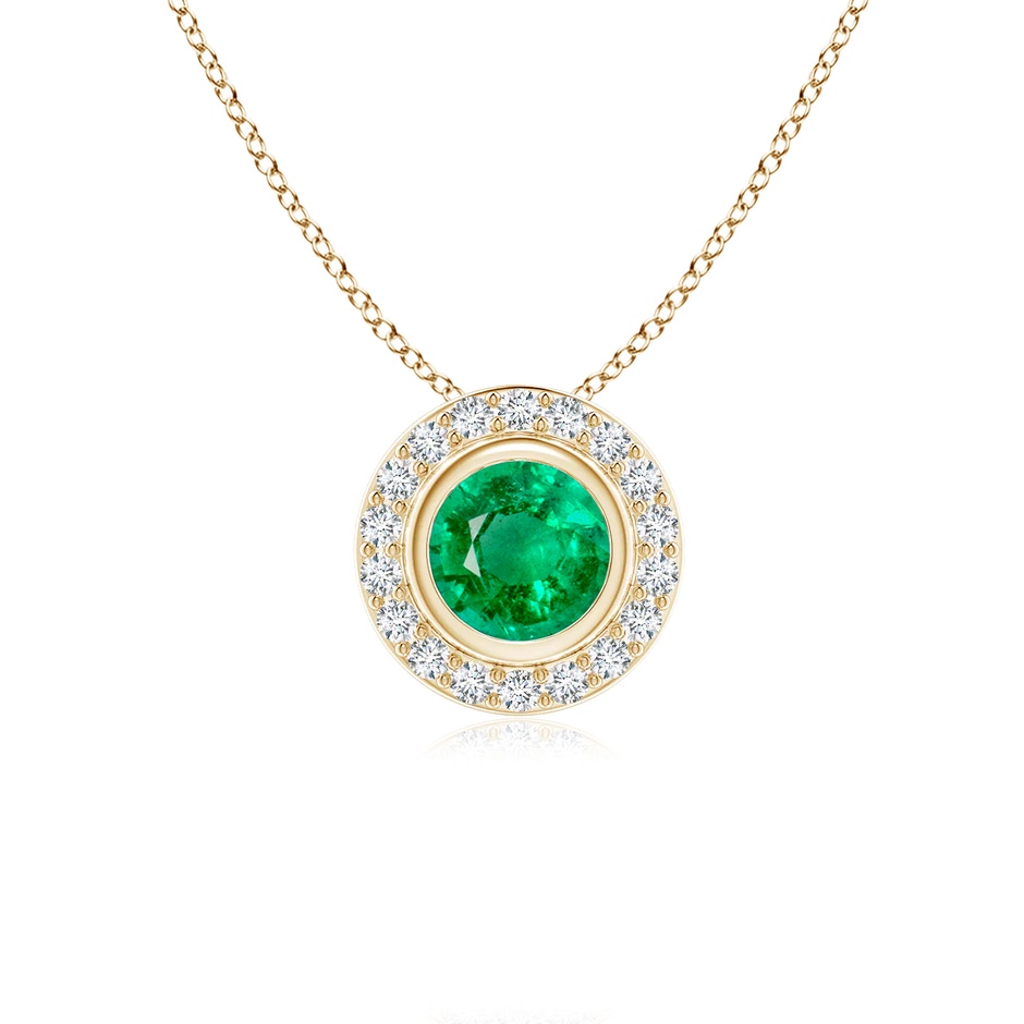 5mm AAA Round Bezel-Set Emerald Pendant with Diamond Halo in Yellow Gold 