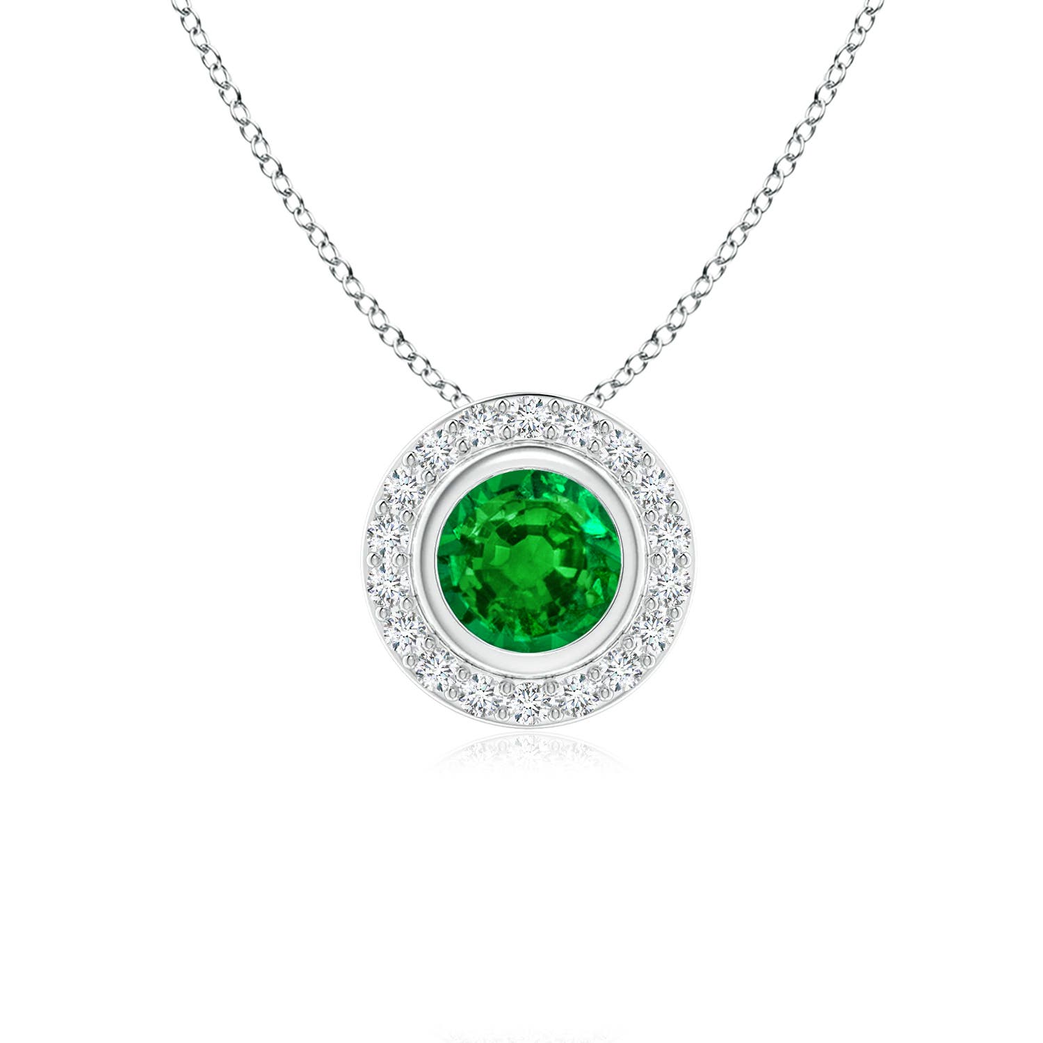 Round BezelSet Emerald Pendant with Diamond Halo Angara
