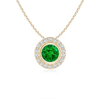 5mm AAAA Round Bezel-Set Emerald Pendant with Diamond Halo in Yellow Gold