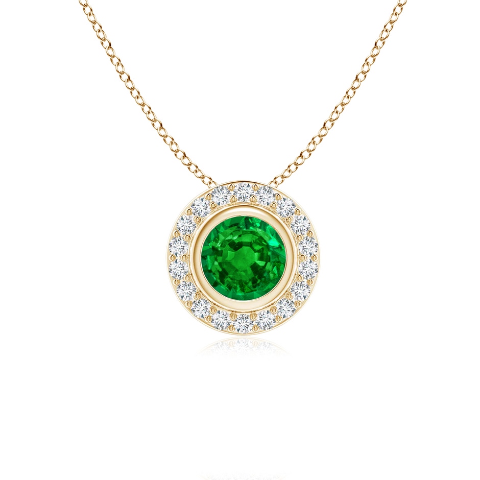 5mm AAAA Round Bezel-Set Emerald Pendant with Diamond Halo in Yellow Gold 