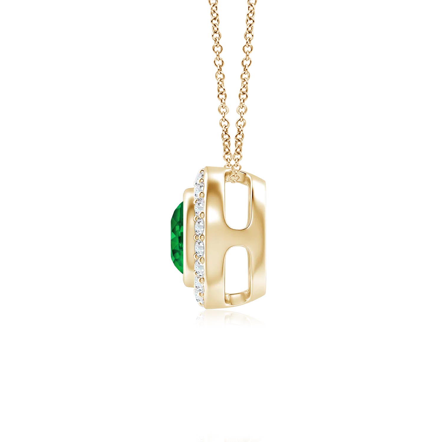 5mm AAAA Round Bezel-Set Emerald Pendant with Diamond Halo in Yellow Gold - side 3