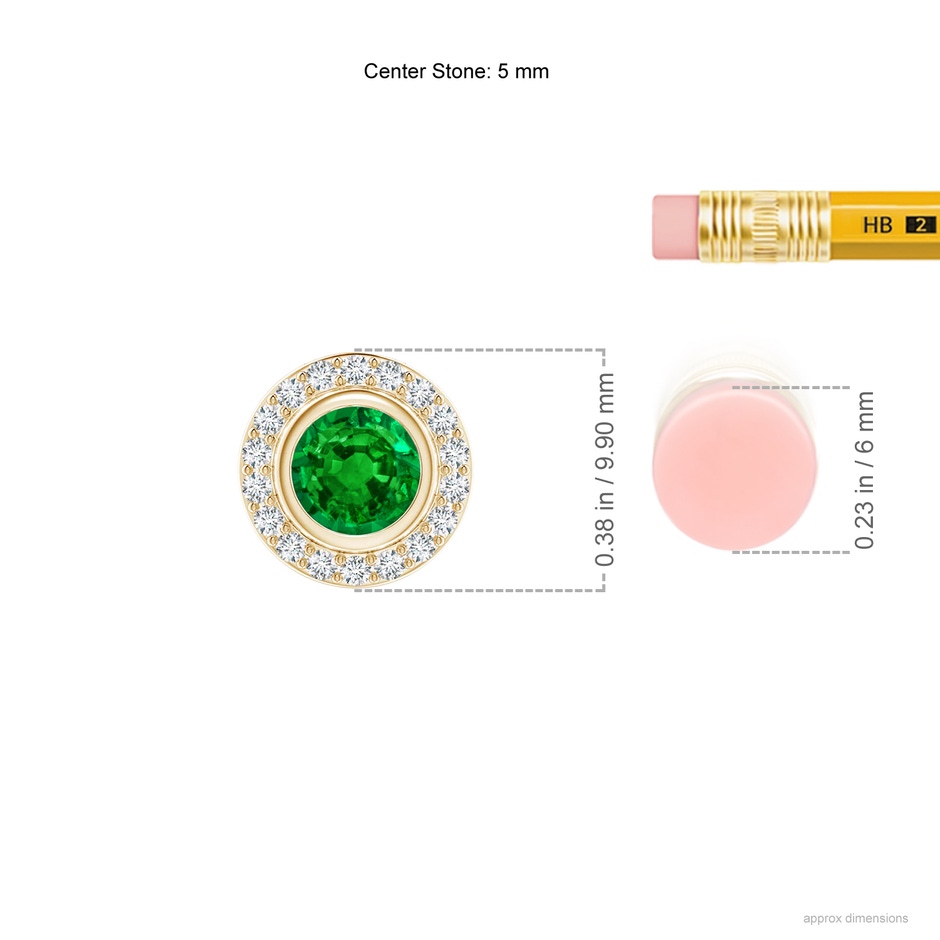 5mm AAAA Round Bezel-Set Emerald Pendant with Diamond Halo in Yellow Gold ruler