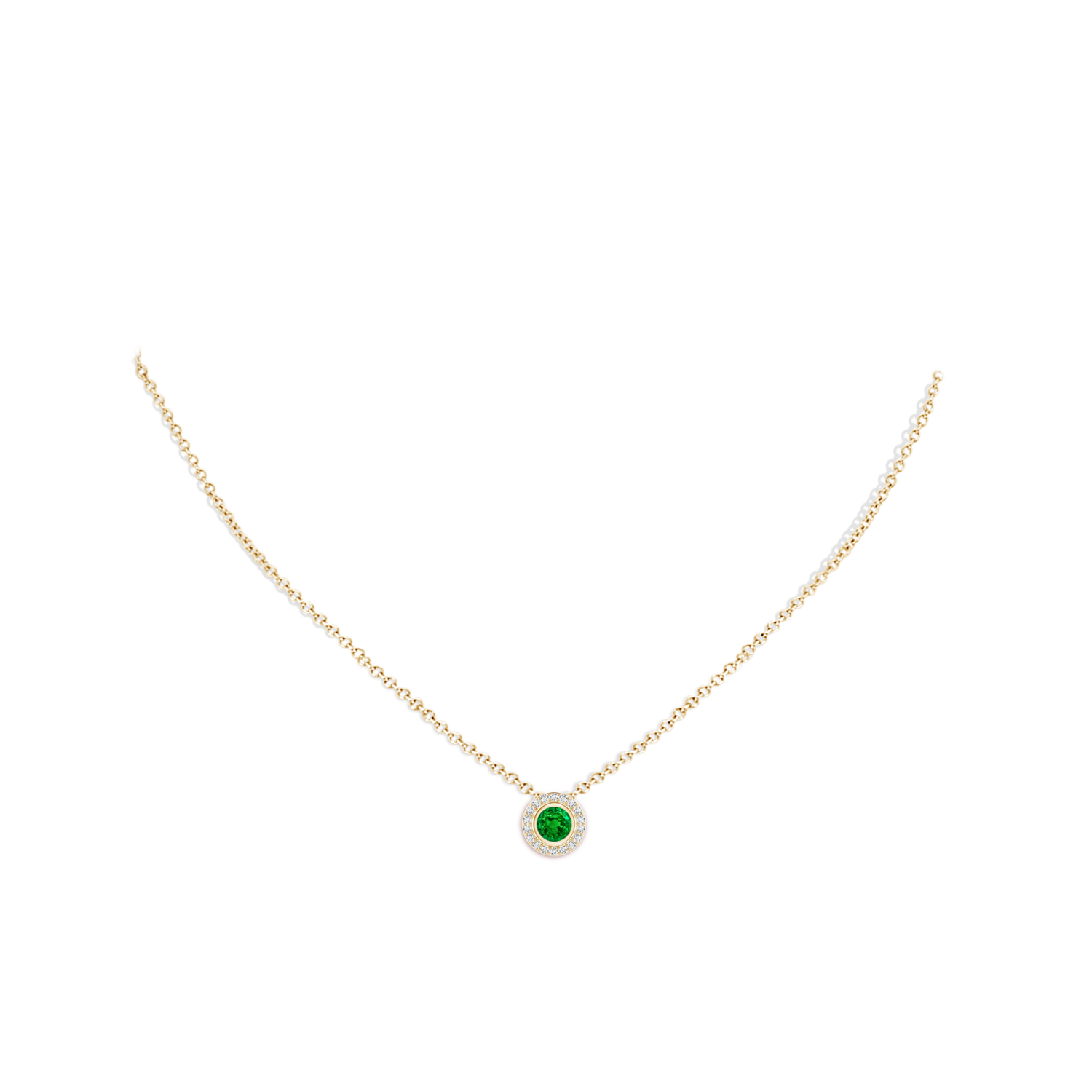 5mm AAAA Round Bezel-Set Emerald Pendant with Diamond Halo in Yellow Gold - body_neck