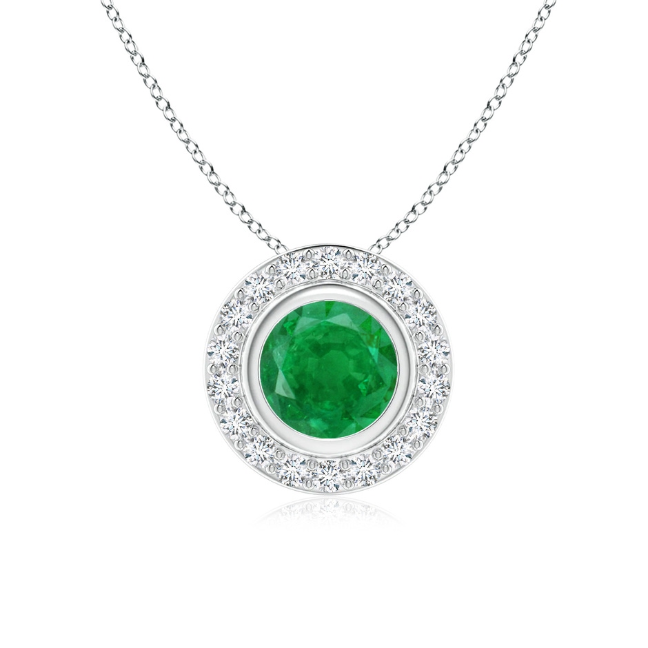 6mm AA Round Bezel-Set Emerald Pendant with Diamond Halo in White Gold 
