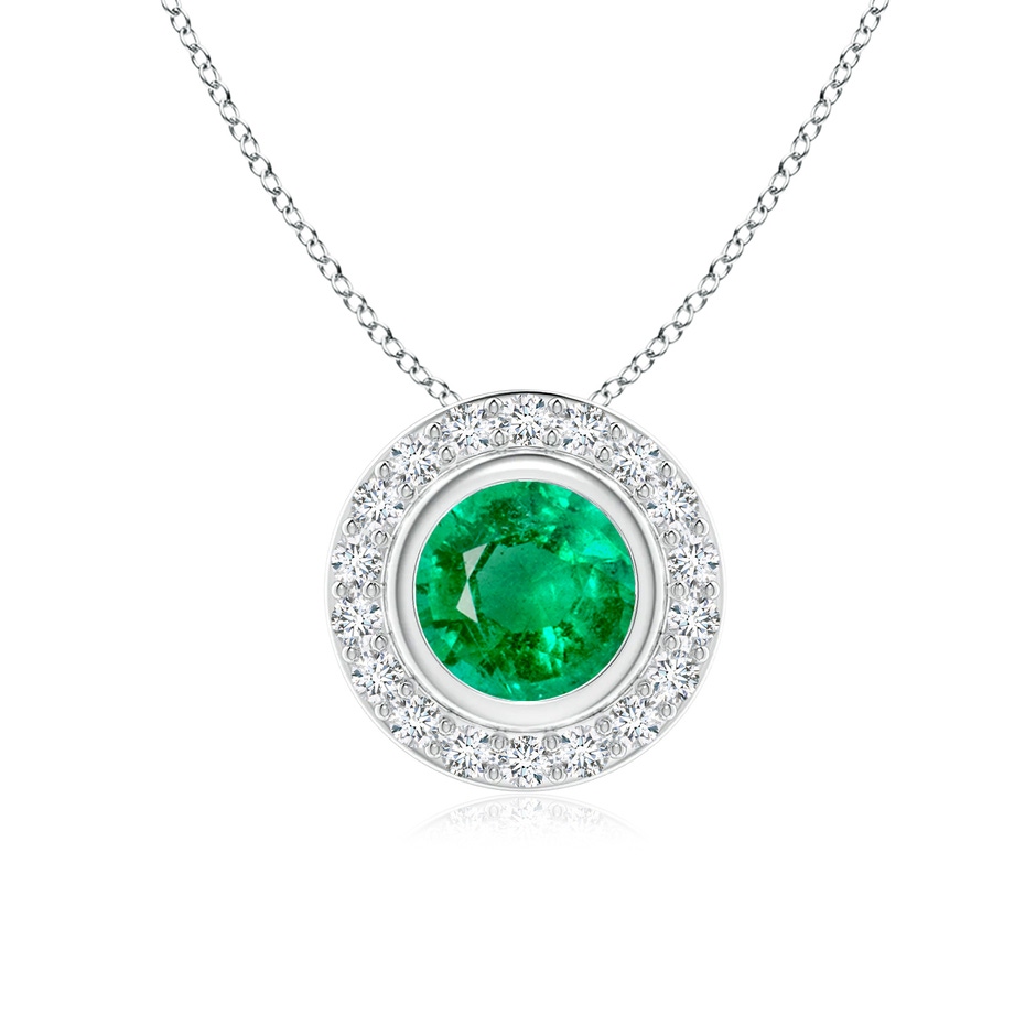 6mm AAA Round Bezel-Set Emerald Pendant with Diamond Halo in 18K White Gold 