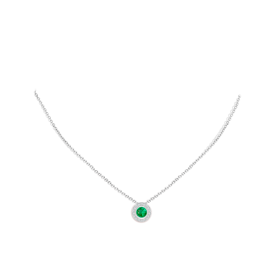 6mm AAA Round Bezel-Set Emerald Pendant with Diamond Halo in 18K White Gold pen