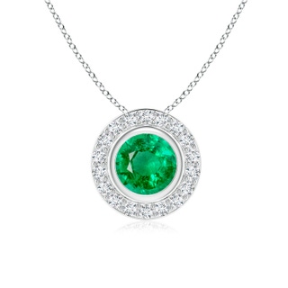 6mm AAA Round Bezel-Set Emerald Pendant with Diamond Halo in P950 Platinum