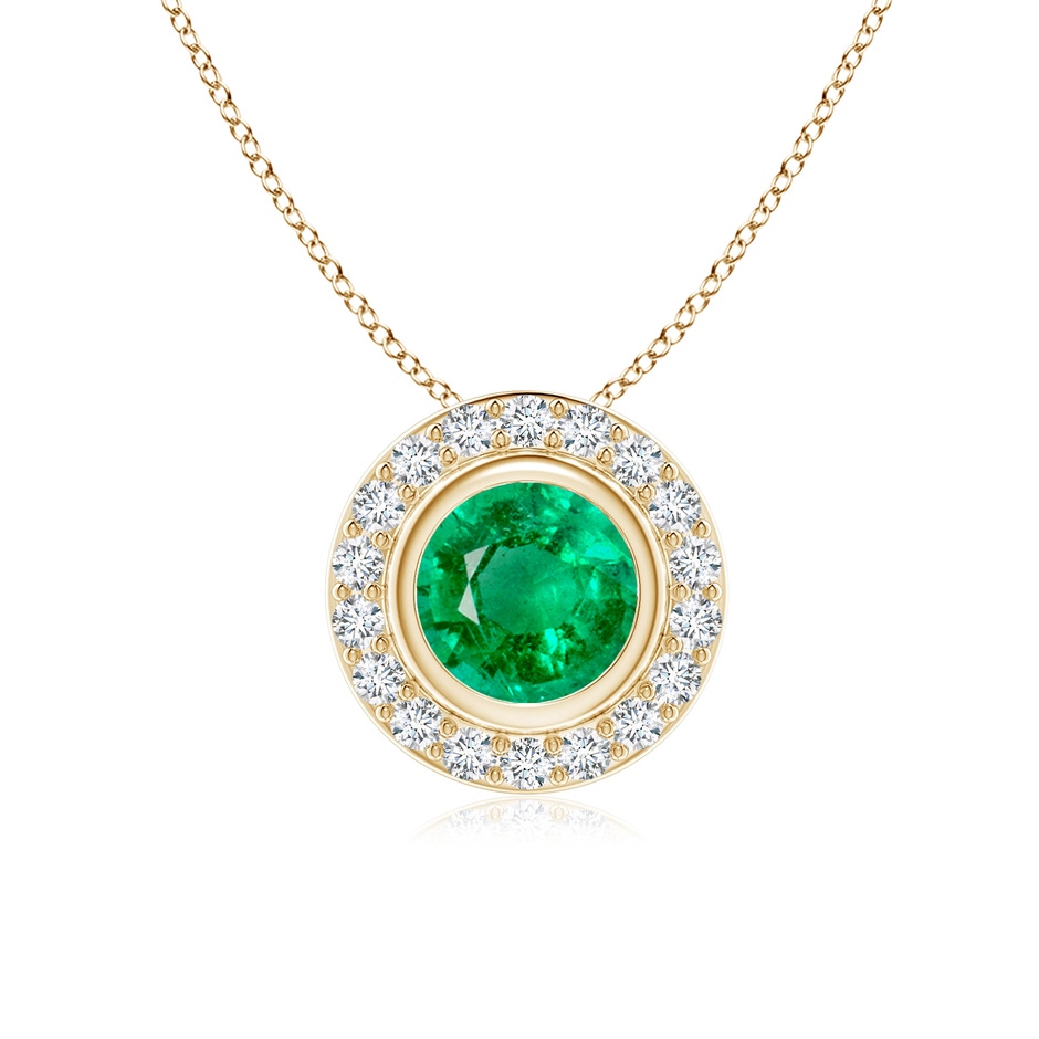 6mm AAA Round Bezel-Set Emerald Pendant with Diamond Halo in Yellow Gold 