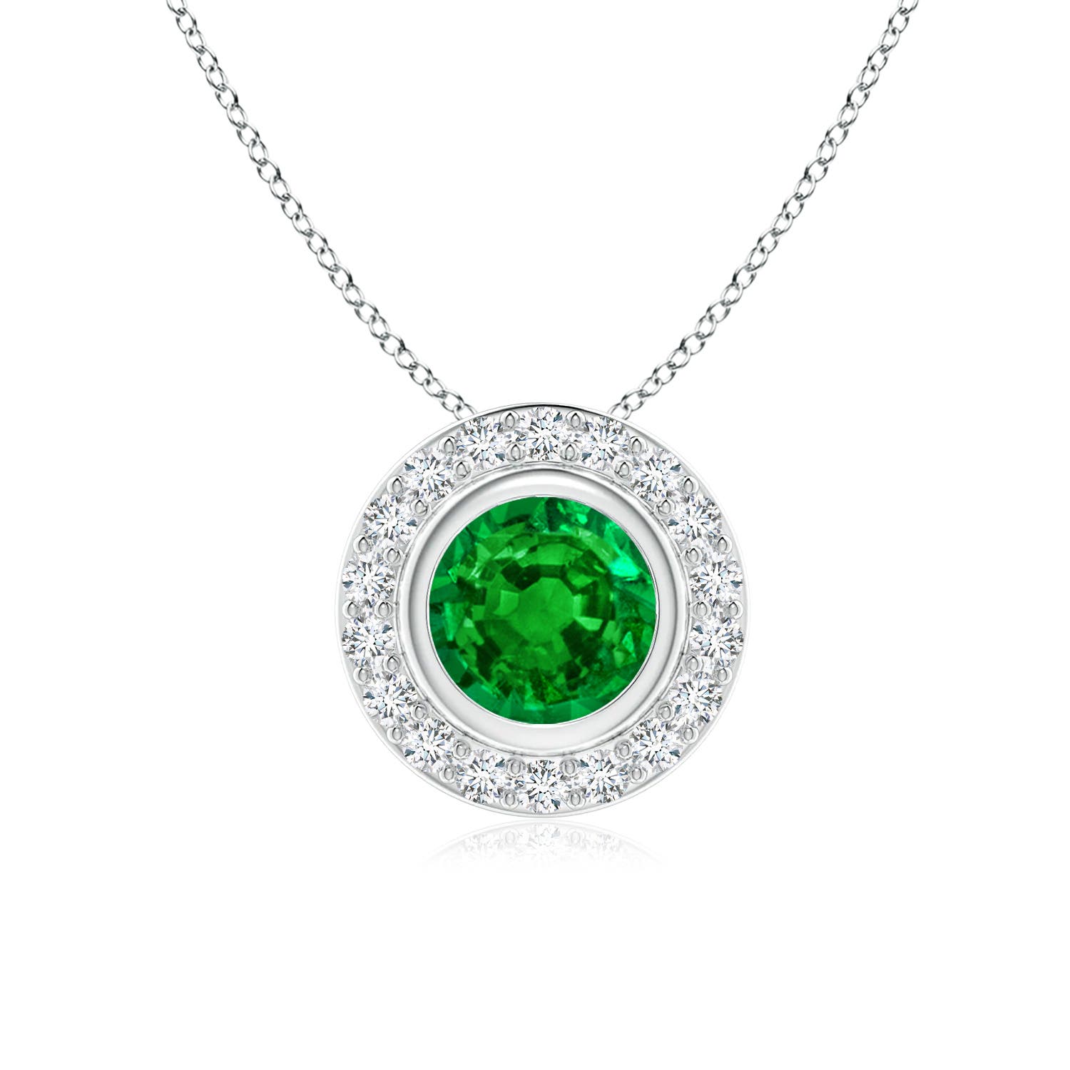 6mm AAAA Round Bezel-Set Emerald Pendant with Diamond Halo in P950 Platinum