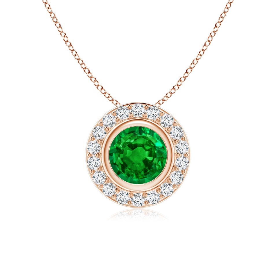 6mm AAAA Round Bezel-Set Emerald Pendant with Diamond Halo in Rose Gold 