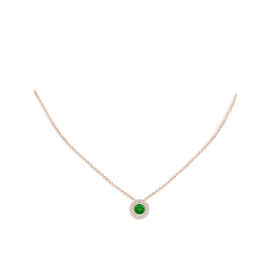 6mm AAAA Round Bezel-Set Emerald Pendant with Diamond Halo in Rose Gold pen