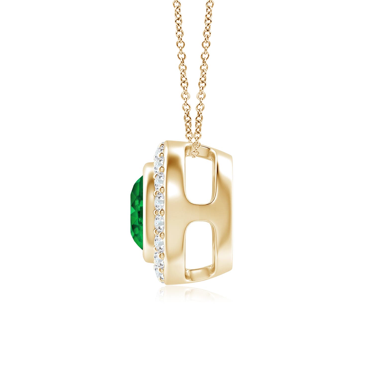 6mm AAAA Round Bezel-Set Emerald Pendant with Diamond Halo in Yellow Gold