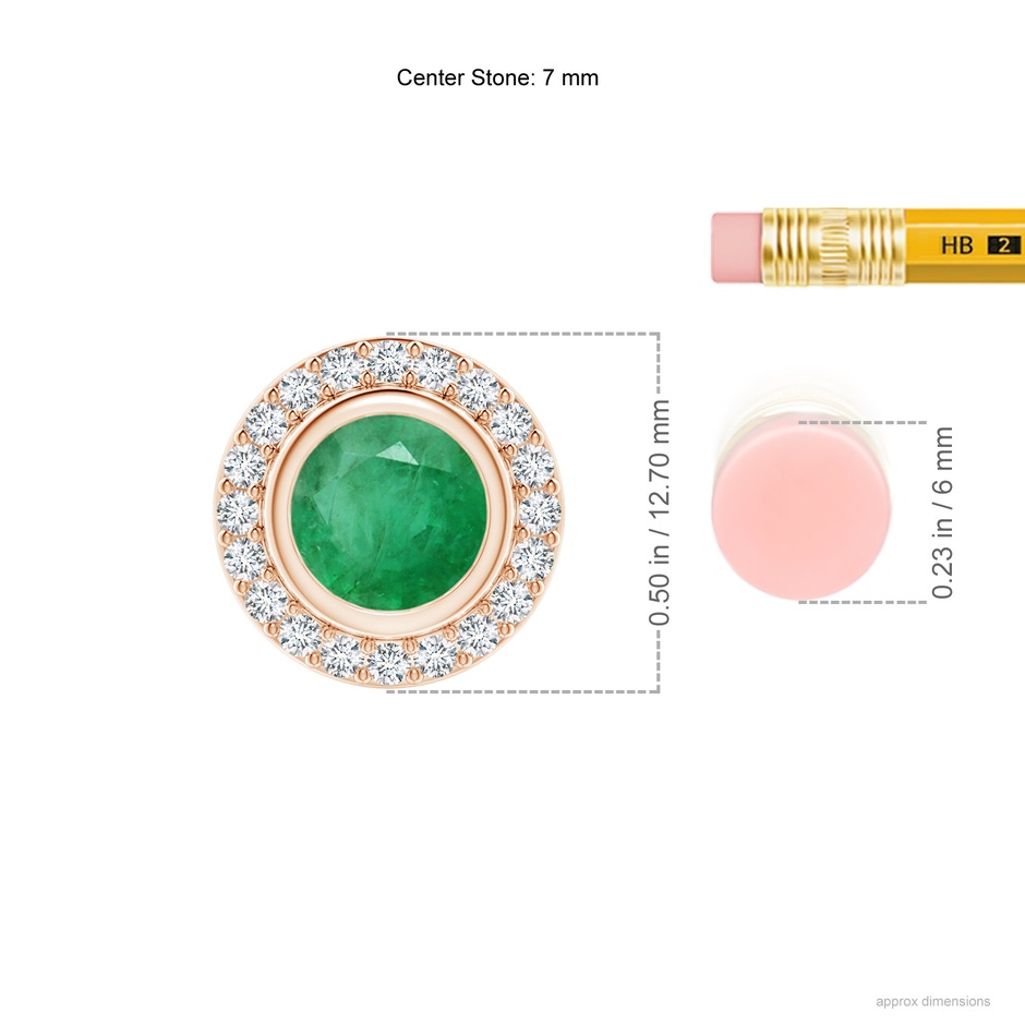 7mm A Round Bezel-Set Emerald Pendant with Diamond Halo in Rose Gold ruler