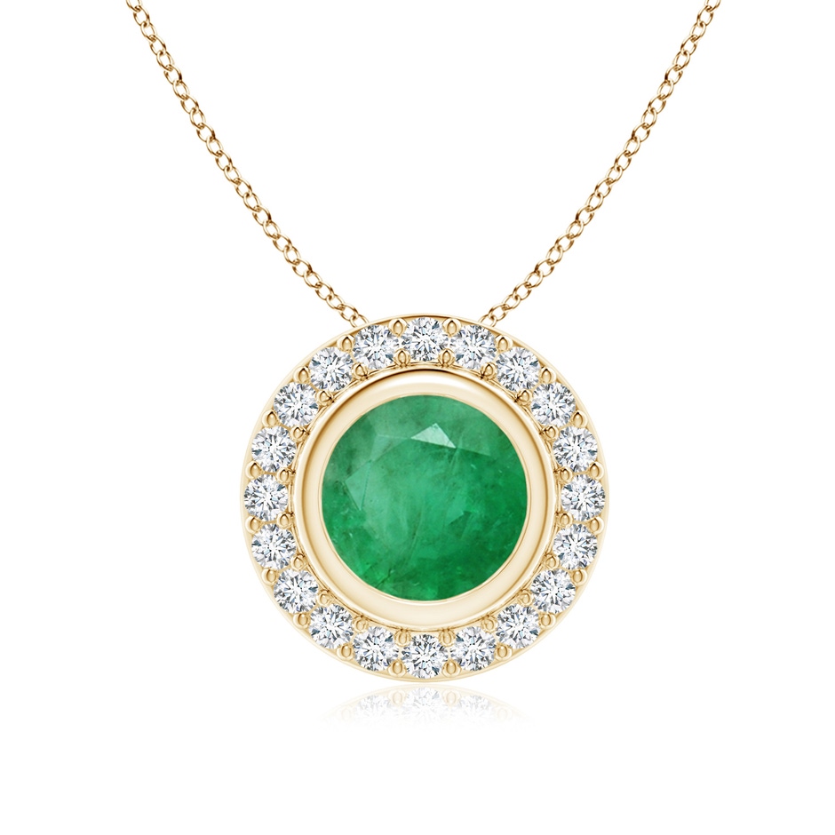 7mm A Round Bezel-Set Emerald Pendant with Diamond Halo in Yellow Gold 