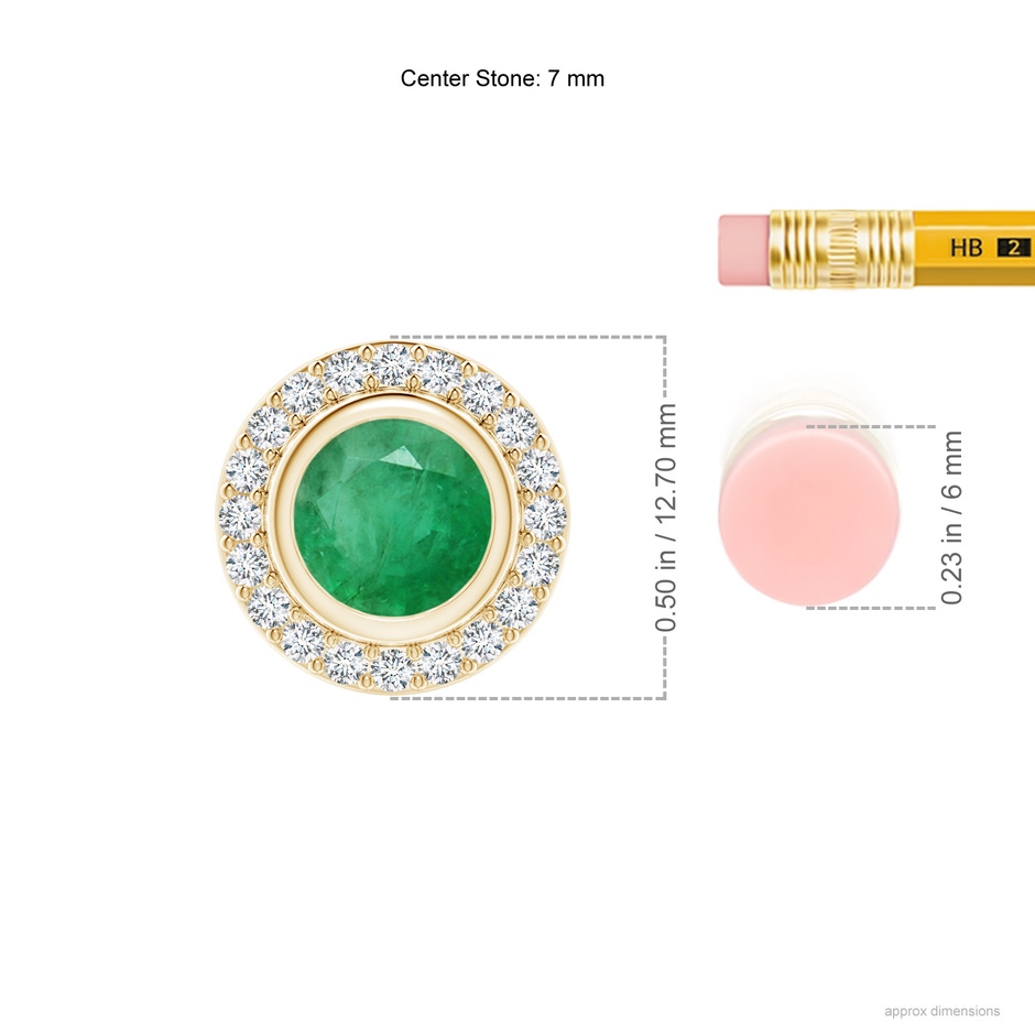 7mm A Round Bezel-Set Emerald Pendant with Diamond Halo in Yellow Gold ruler