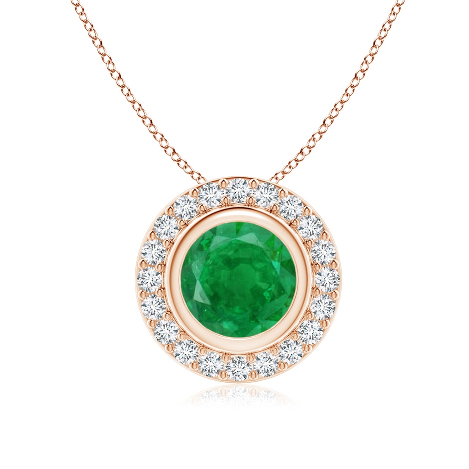 7mm AA Round Bezel-Set Emerald Pendant with Diamond Halo in Rose Gold 