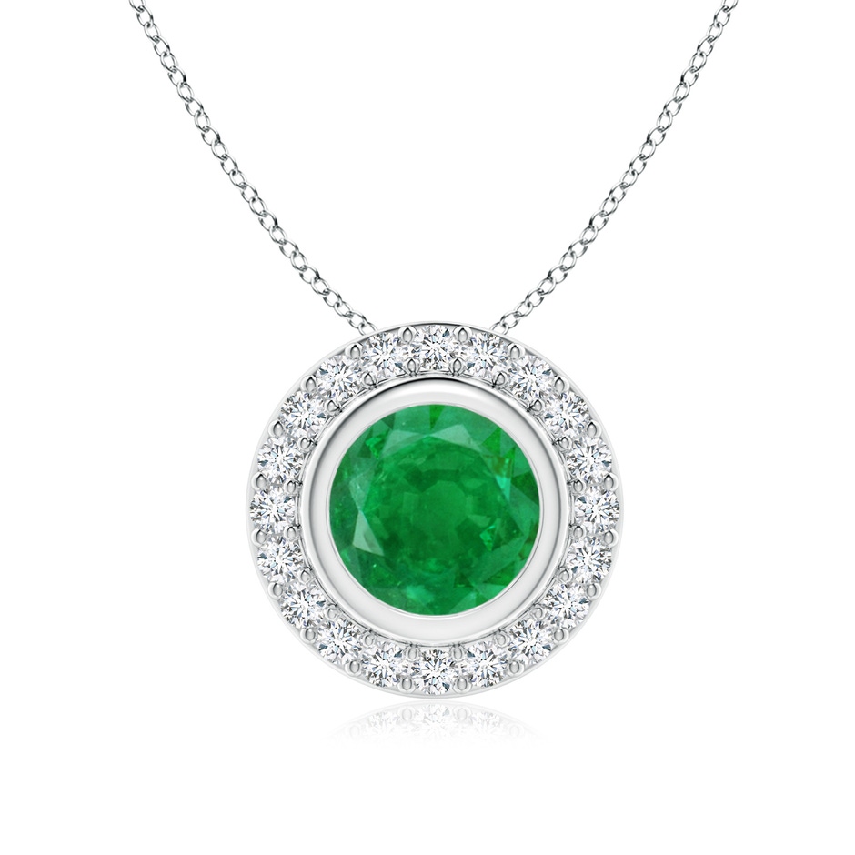 7mm AA Round Bezel-Set Emerald Pendant with Diamond Halo in White Gold 