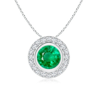 7mm AAA Round Bezel-Set Emerald Pendant with Diamond Halo in P950 Platinum