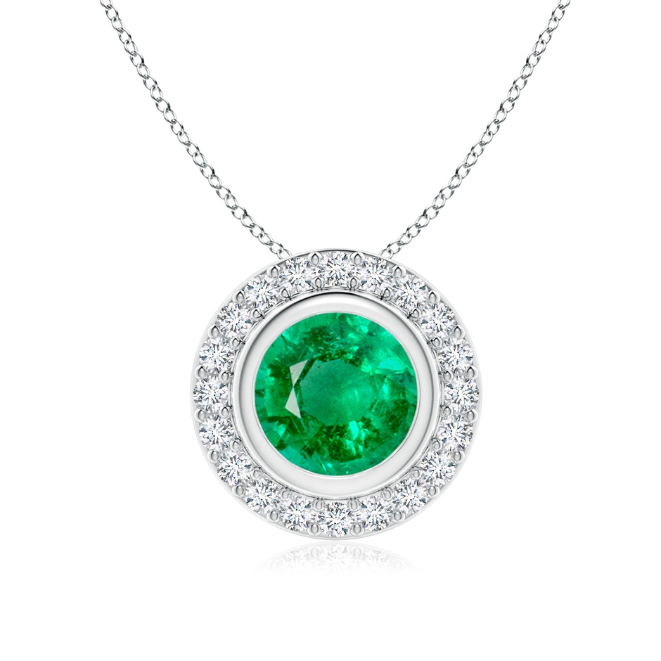 7mm AAA Round Bezel-Set Emerald Pendant with Diamond Halo in P950 Platinum 