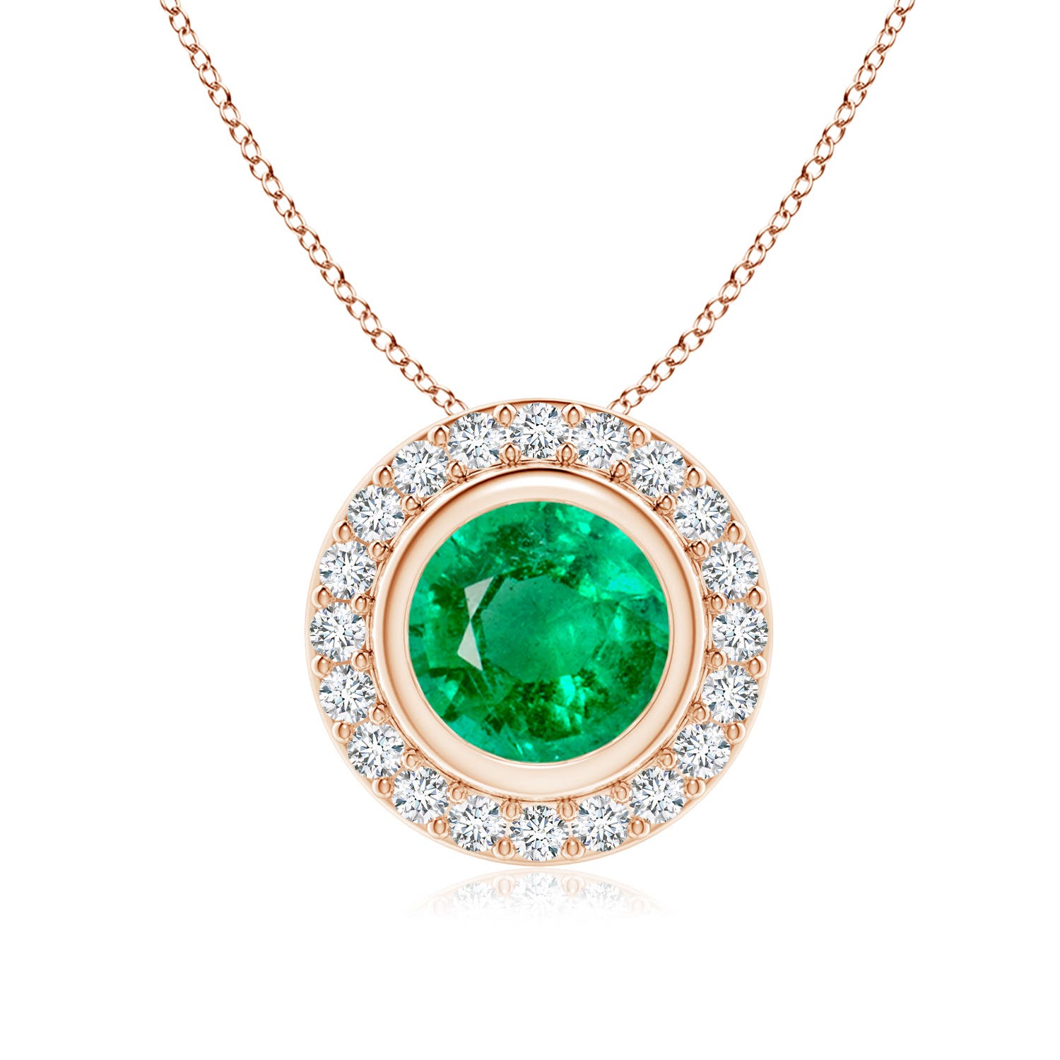 7mm AAA Round Bezel-Set Emerald Pendant with Diamond Halo in Rose Gold