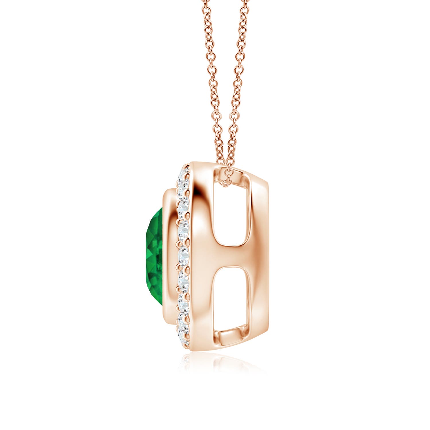 7mm AAA Round Bezel-Set Emerald Pendant with Diamond Halo in Rose Gold
