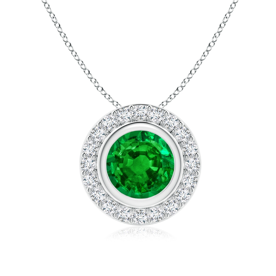7mm AAAA Round Bezel-Set Emerald Pendant with Diamond Halo in P950 Platinum 