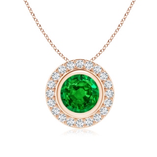 7mm AAAA Round Bezel-Set Emerald Pendant with Diamond Halo in Rose Gold