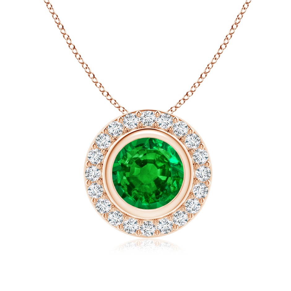 7mm AAAA Round Bezel-Set Emerald Pendant with Diamond Halo in Rose Gold 