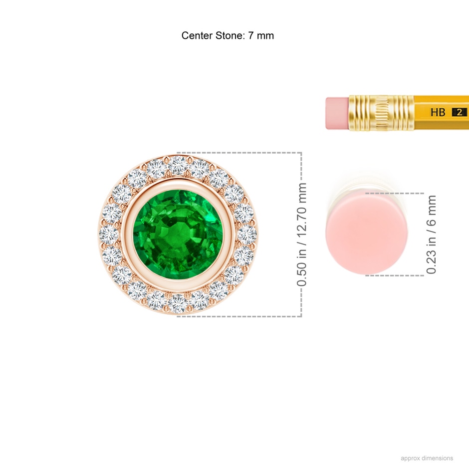 7mm AAAA Round Bezel-Set Emerald Pendant with Diamond Halo in Rose Gold ruler