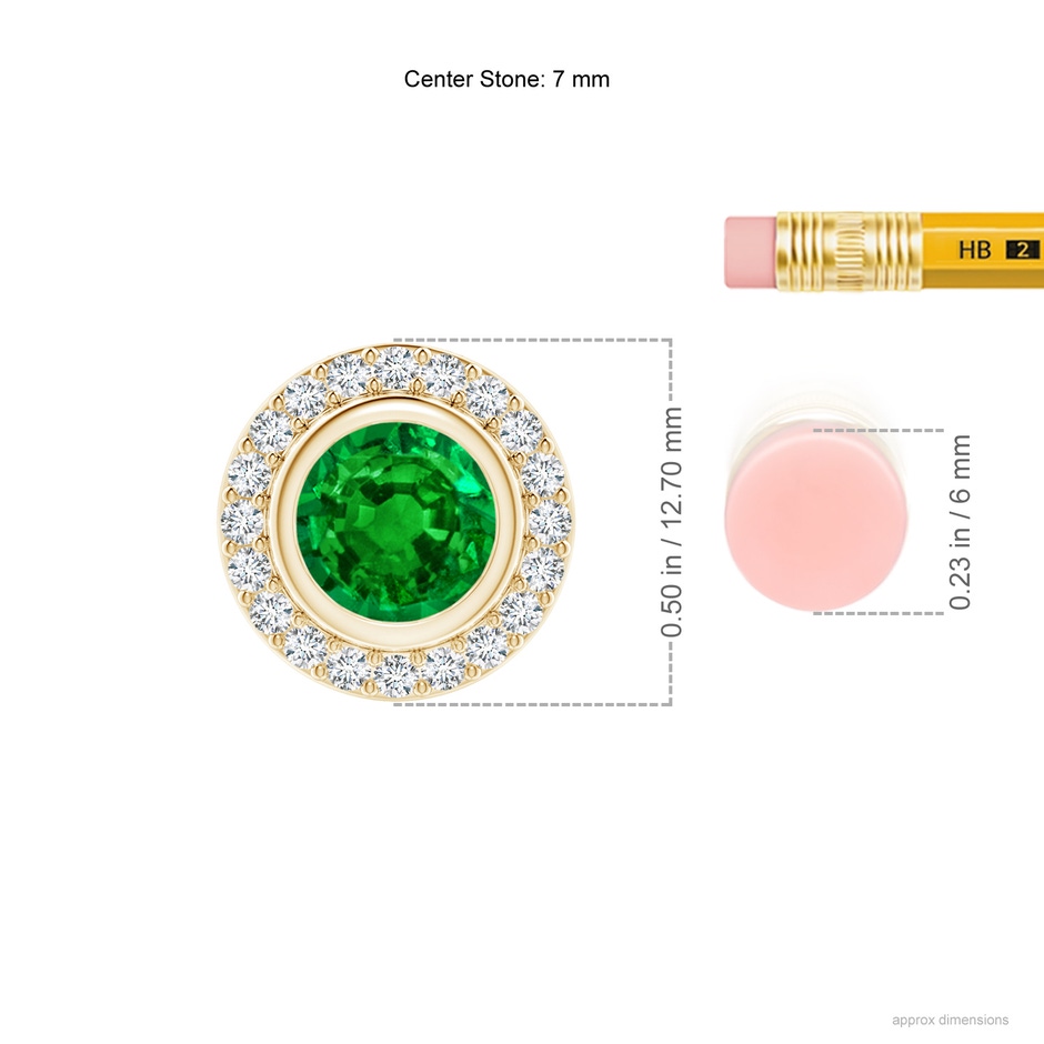 7mm AAAA Round Bezel-Set Emerald Pendant with Diamond Halo in Yellow Gold ruler